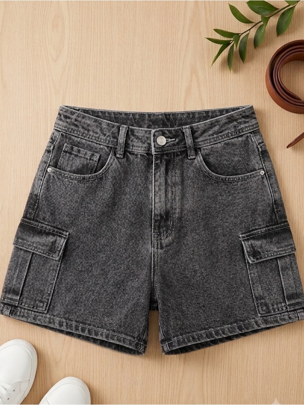High-Waist Black mineral Washed Cargo grunge Denim Shorts